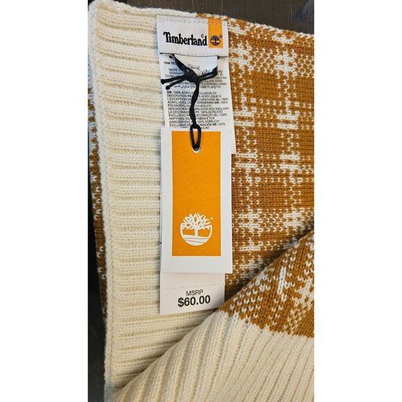 NWT Timberland Scarf OS Warm & Stylish Accessory Cream & Butterscotch Plaid Knit - Picture 2 of 8